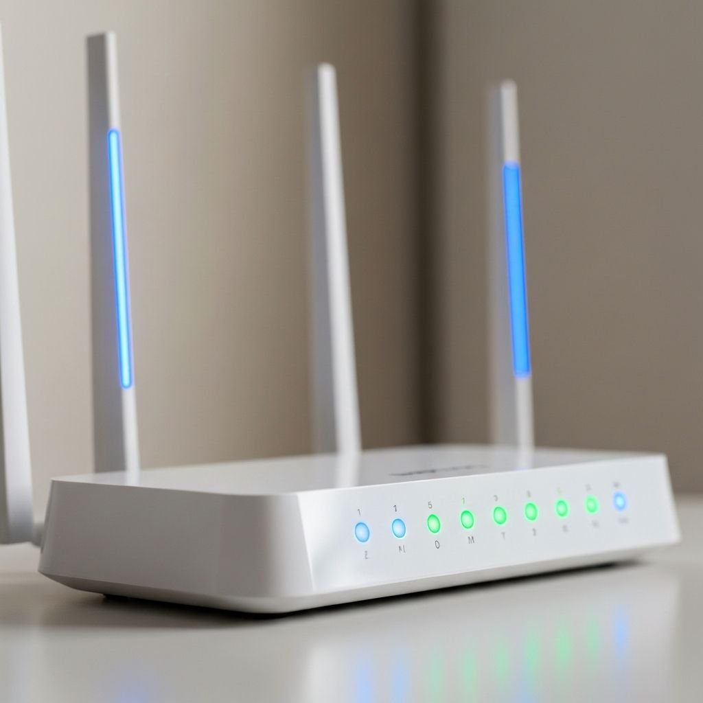 Modern wireless router with illuminated signal indicators for optimal IPTV streaming