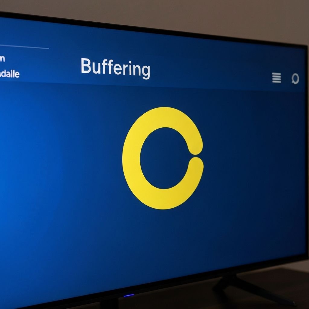 Smart TV displaying buffering icon with troubleshooting guide overlay