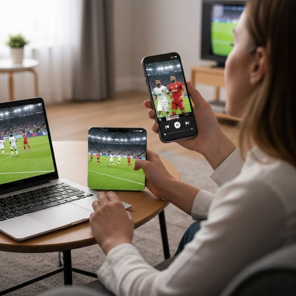 Live football match streaming in HD on laptop and mobile devices simultaneously